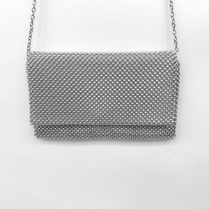 INC International Concepts Silver Beaded Metal Mesh Clutch Crossbody Bag Evening